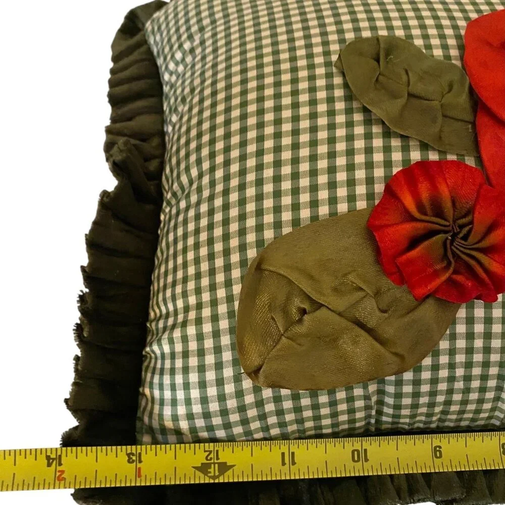 Green Satin Gingham Pillow Red Floral Ribbon‎ Embroidery Floral Rhein Silvestri
